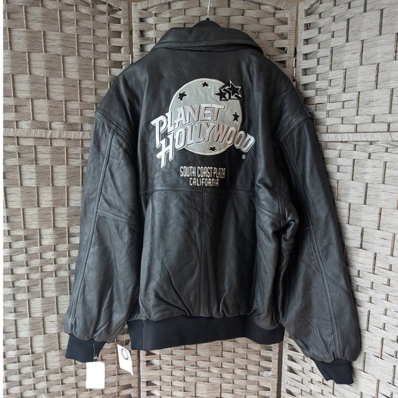 planet hollywood Other - Vtg 90s Planet Hollywood Bomber Jacket Black Leather South Coast California 2XL